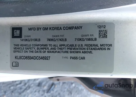 2013 Chevrolet Spark 1Lt Auto z USA, uszkodzony, nr VIN KL8CD6S94DC546927